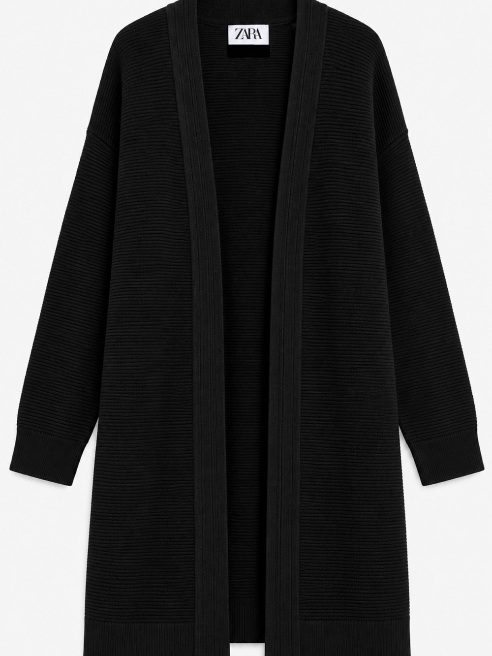 ZARA Black Long Ribbed Open-Front Cardigan